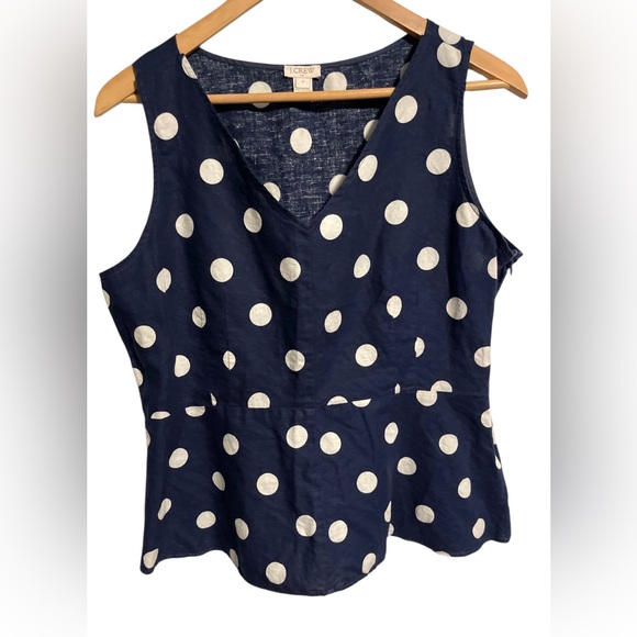 J. Crew Navy Blue White Polka Dot Linen Cotton Peplum Top Size 12 - Picture 2 of 10